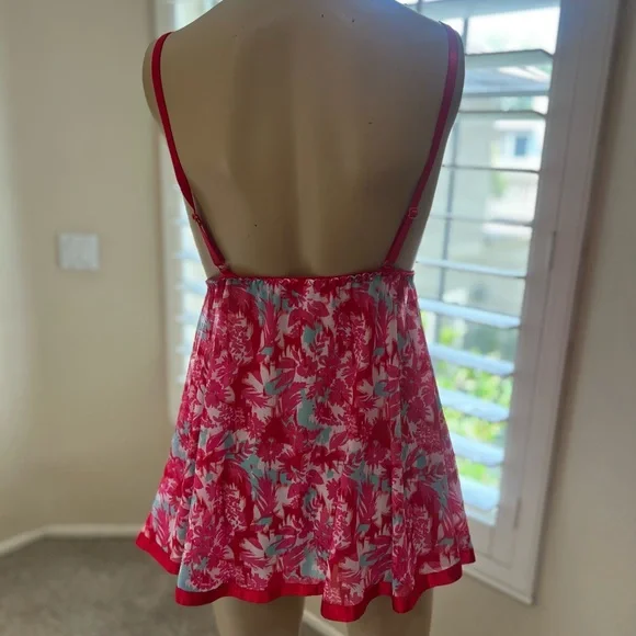 Red Floral Babydoll Sheer Adjustable Strap Slip Nineteen Sexy Sleep Dress Medium - Picture 8 of 11